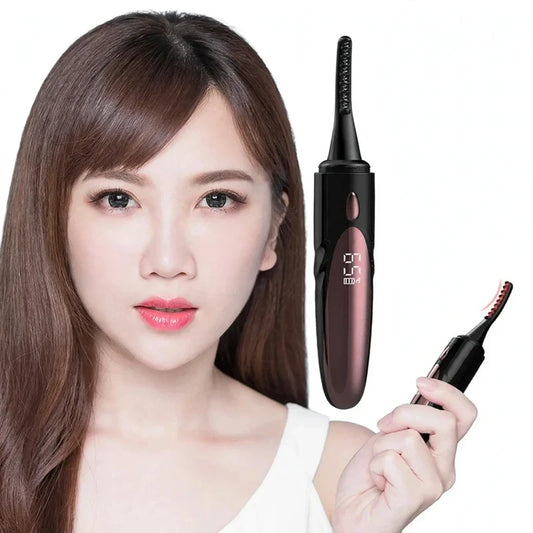 Woman holding a black and bronze heated eyelash curler alongside a full view of the device.