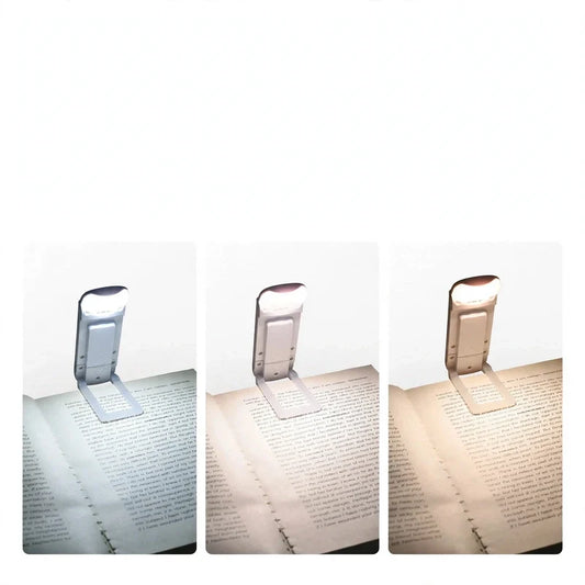 Three clip-on reading lights attached to open books, showing white, warm, and amber LED color modes.