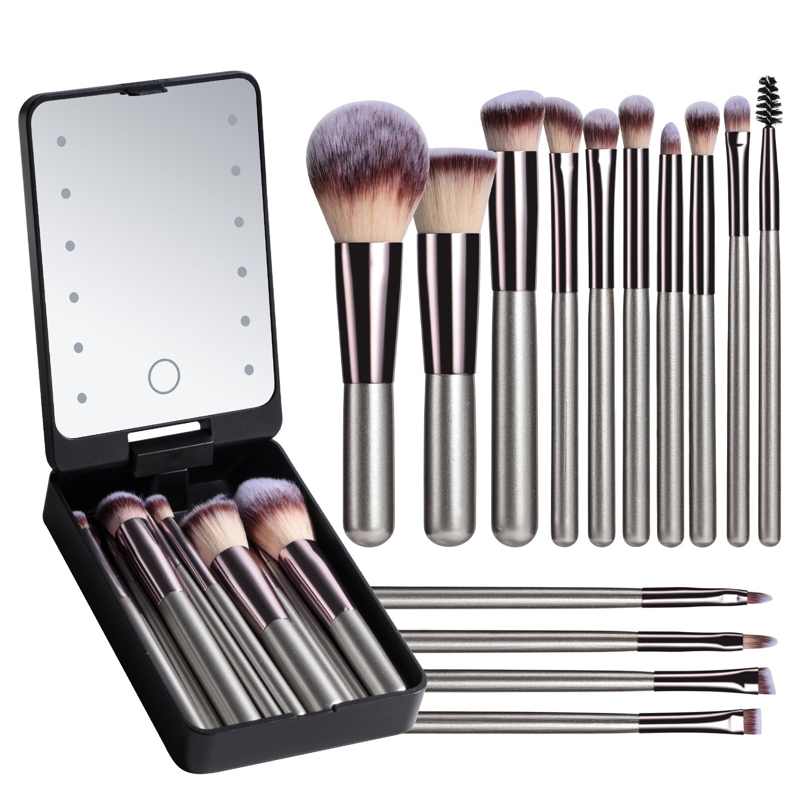 Rechargeable Luminous Mirror With Bright Even Illumination And 14 Piece Synthetic Fiber Makeup Brush Set - Merch Gone Viral