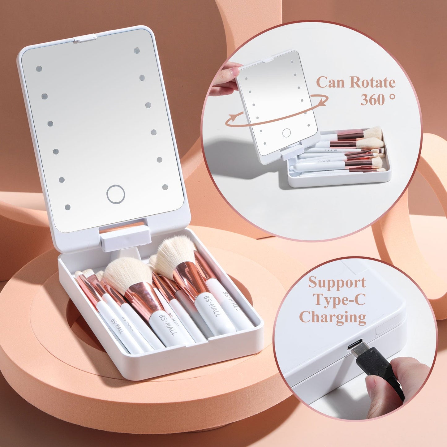 Rechargeable Luminous Mirror With Bright Even Illumination And 14 Piece Synthetic Fiber Makeup Brush Set - Merch Gone Viral