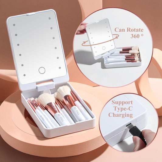 Rechargeable Luminous Mirror With Bright Even Illumination And 14 Piece Synthetic Fiber Makeup Brush Set - Merch Gone Viral