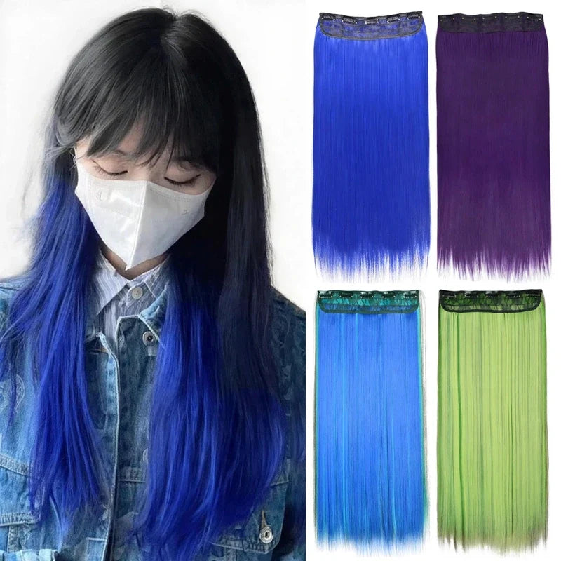 A person with blue-streaked hair wearing extensions, shown alongside four separate clip-in hair extension wefts.