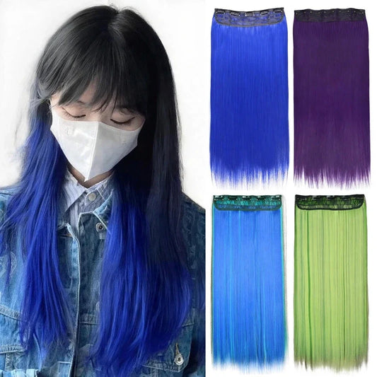 A person with blue-streaked hair wearing extensions, shown alongside four separate clip-in hair extension wefts.