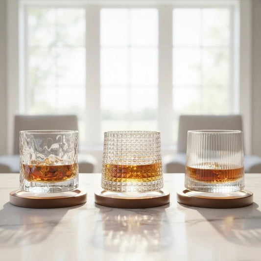 Three rotating whiskey tumblers with different textures containing amber liquid on round wooden coasters.