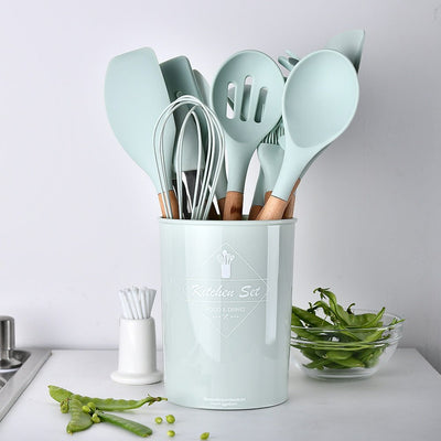 Silicone cooking utensil set heat resistant ergonomic wood handle