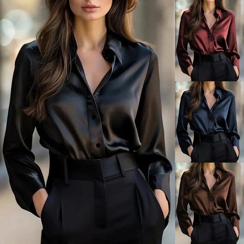 Woman wearing a long-sleeve black button-down shirt with black pants.