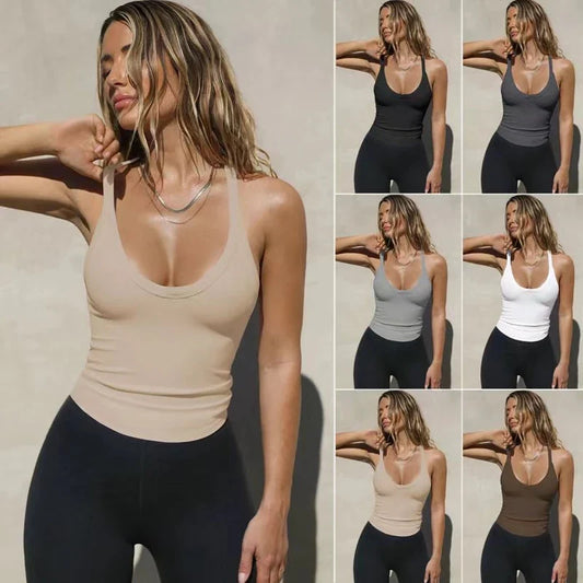 Collage of slim-fit scoop neck tank tops in various solid colors worn with black leggings.