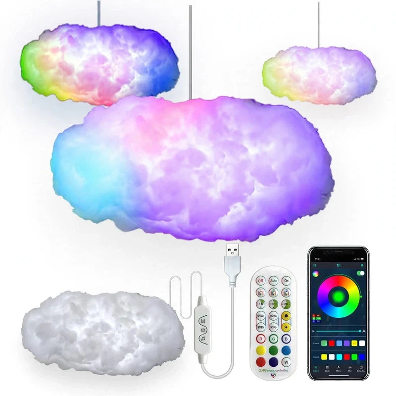 Four cloud-shaped ceiling lamps with RGB lighting, USB cable, remote control, and smartphone app.