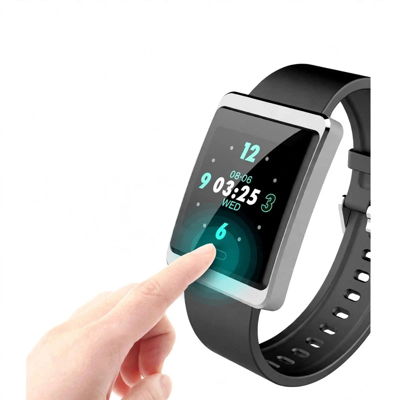 Finger touching the large rectangular touchscreen of a silver smartwatch with a black band.