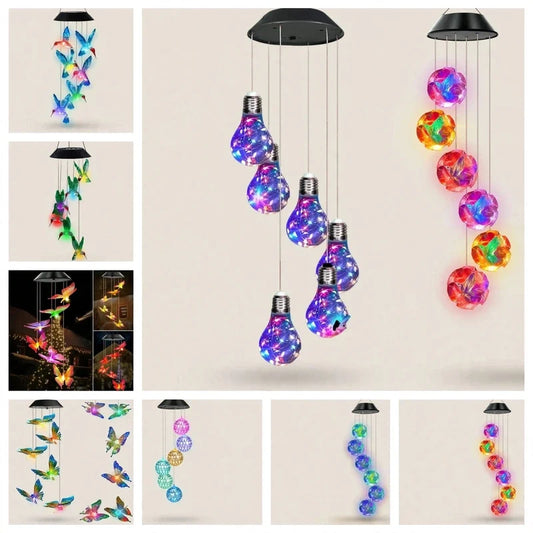 Collage of solar wind chimes with illuminated hanging lights in various shapes like bulbs and spheres.
