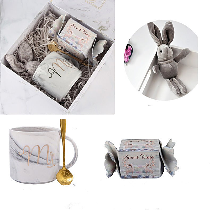 Gift set relaxation bath set featuring a ceramic mug, spoon, stuffed rabbit toy, and soap box