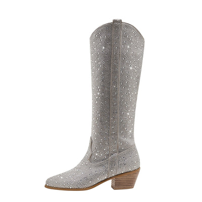Sparkly Silver Rhinestone Cowgirl Knee High Boots
