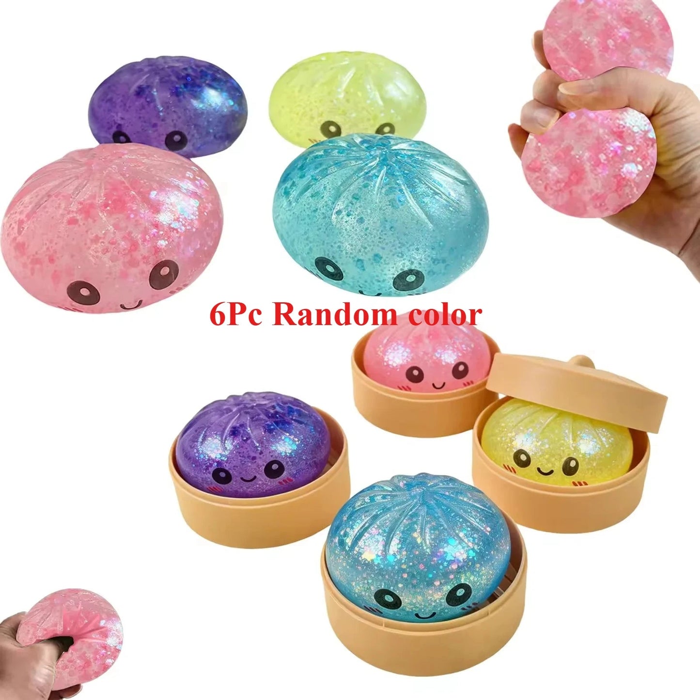 Steamed Bun Squeeze Toy with Sparkle Beads and Mini Steamer - Merch Gone Viral