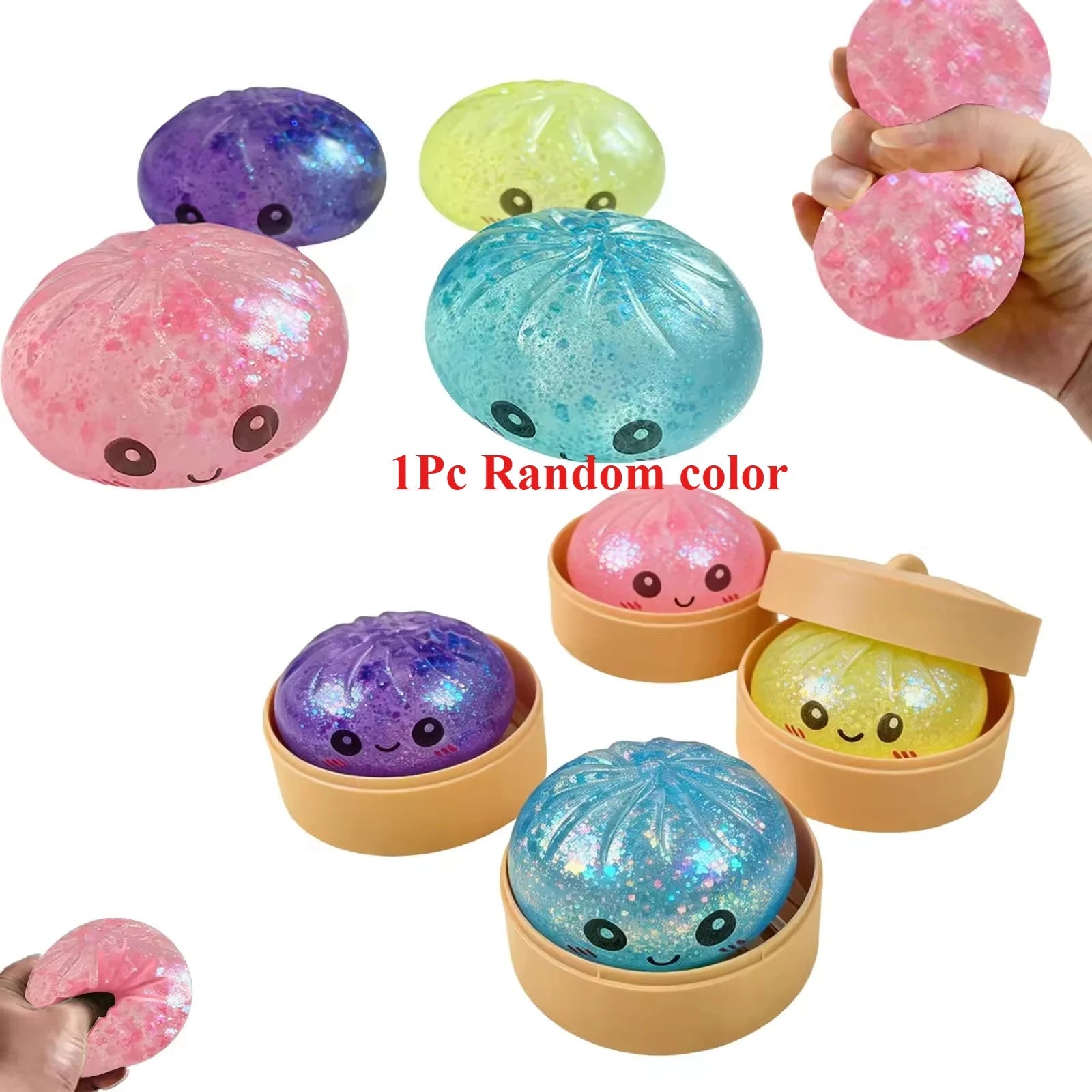 Steamed Bun Squeeze Toy with Sparkle Beads and Mini Steamer - Merch Gone Viral