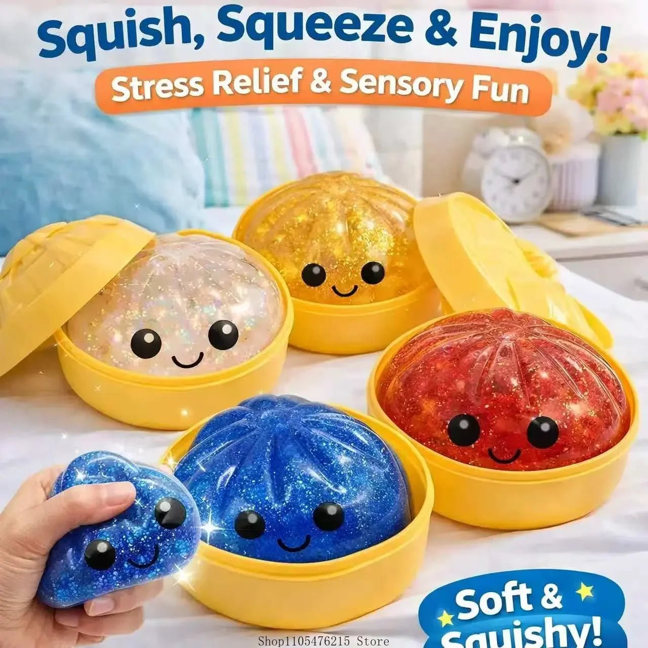 Steamed Bun Squeeze Toy with Sparkle Beads and Mini Steamer - Merch Gone Viral