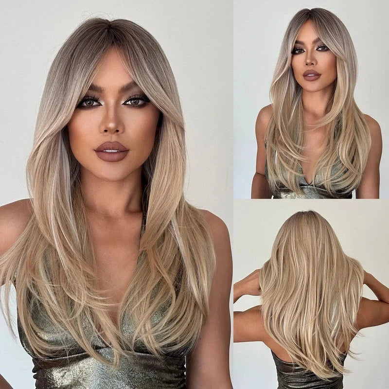 Three views of a long blonde layered wig with dark roots and curtain bangs.