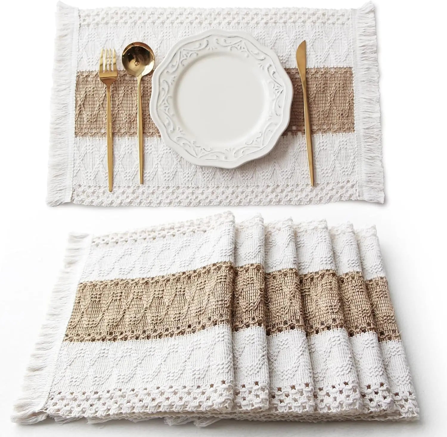 Table Runner, Natural Burlap Boho Table Runner Modern Farmhouse Decor Rustic Woven Cotton Crochet Lace for Tabletop Decoration - merch gone viral.