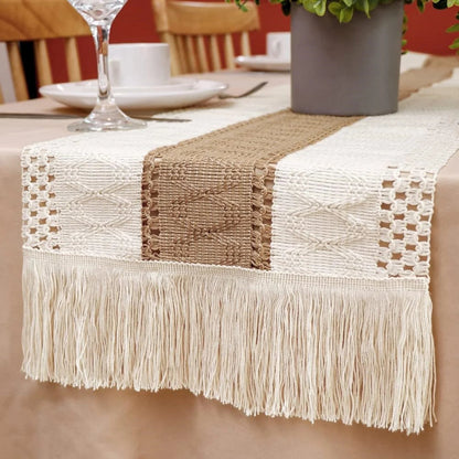 Table Runner, Natural Burlap Boho Table Runner Modern Farmhouse Decor Rustic Woven Cotton Crochet Lace for Tabletop Decoration - merch gone viral.
