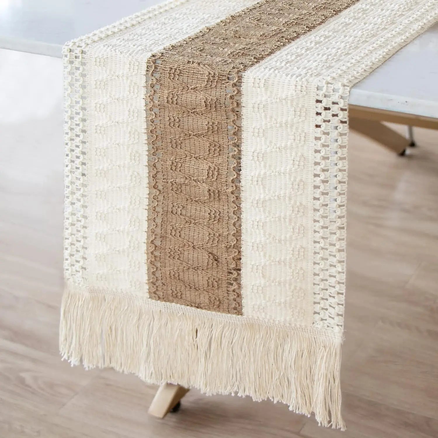 Table Runner, Natural Burlap Boho Table Runner Modern Farmhouse Decor Rustic Woven Cotton Crochet Lace for Tabletop Decoration - merch gone viral.