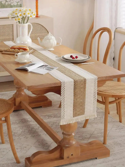 Table Runner, Natural Burlap Boho Table Runner Modern Farmhouse Decor Rustic Woven Cotton Crochet Lace for Tabletop Decoration - merch gone viral.