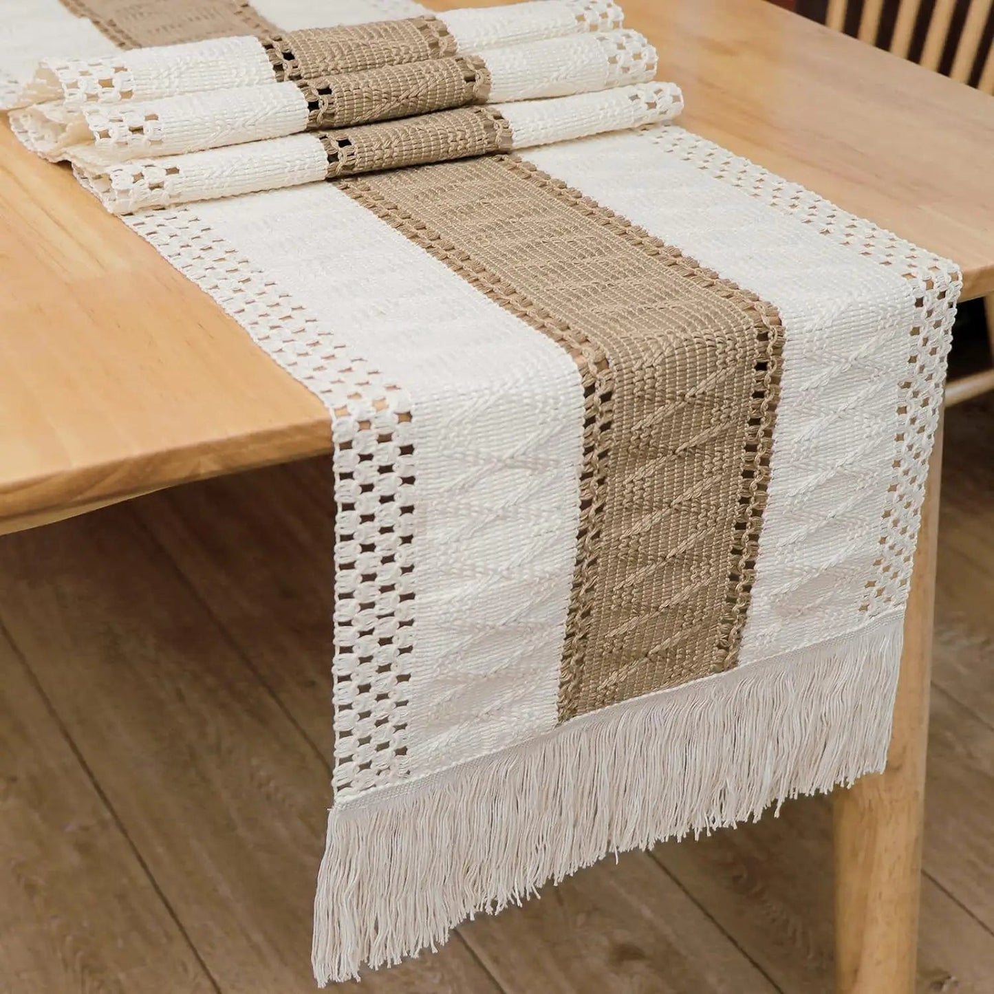 Table Runner, Natural Burlap Boho Table Runner Modern Farmhouse Decor Rustic Woven Cotton Crochet Lace for Tabletop Decoration - merch gone viral.
