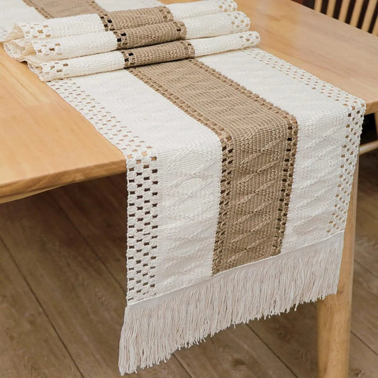 Table Runner, Natural Burlap Boho Table Runner Modern Farmhouse Decor Rustic Woven Cotton Crochet Lace for Tabletop Decoration - merch gone viral.
