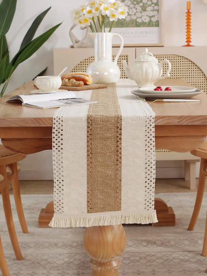 Table Runner, Natural Burlap Boho Table Runner Modern Farmhouse Decor Rustic Woven Cotton Crochet Lace for Tabletop Decoration - merch gone viral.