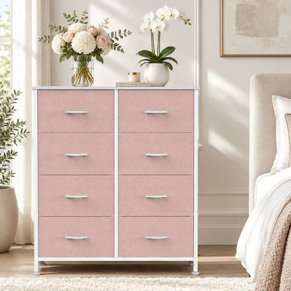 Pink fabric storage dresser with white metal frame and wooden top, featuring eight drawers.