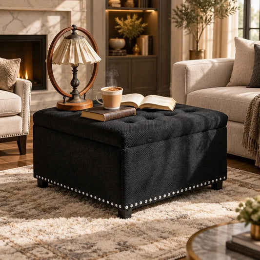 Black tufted square storage ottoman with nailhead trim styled in a living room.