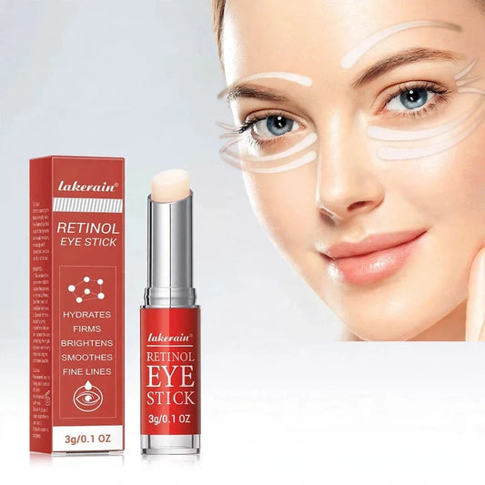 Retinol eye stick and box beside a woman with glowing skin and application guides around her eyes.
