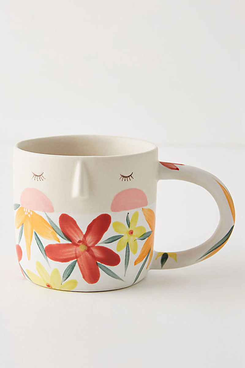 Alternate view of Face-shaped sculptural ceramic coffee mug with hand-painted botanical details