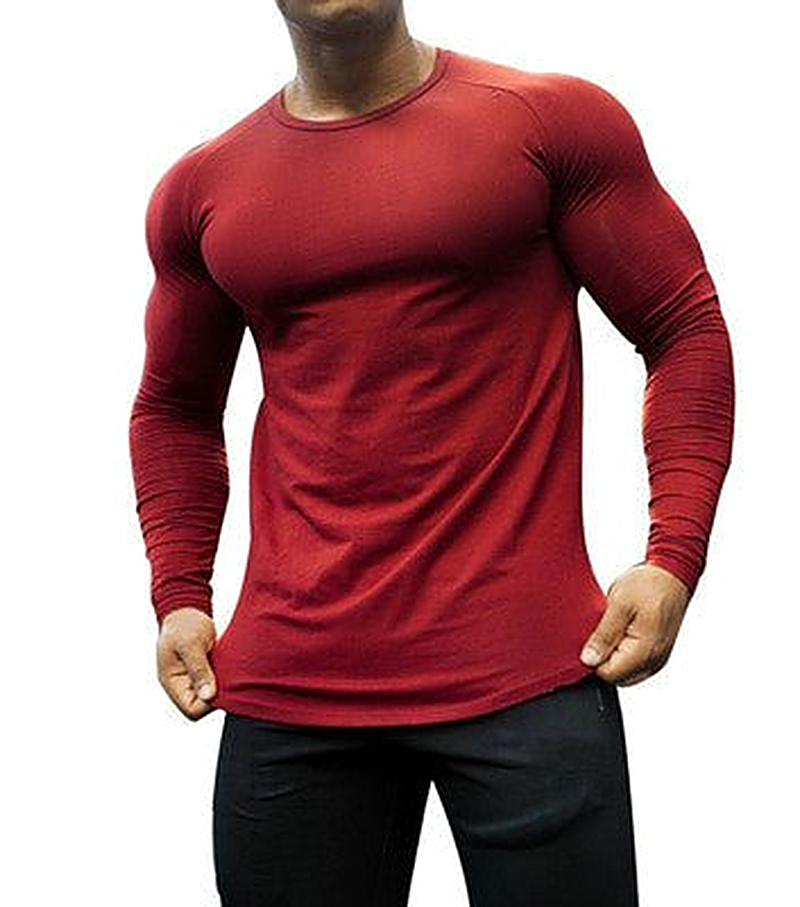 Mens red long sleeve athletic shirt crewneck activewear top