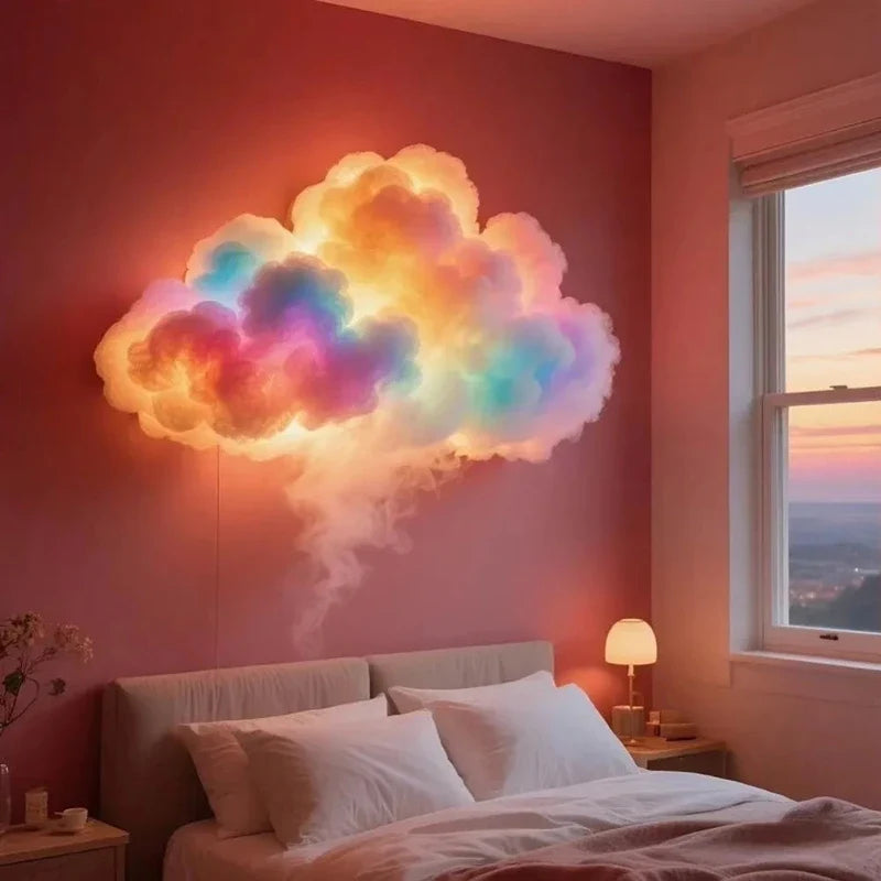 Colorful glowing cloud lamp mounted on a red bedroom wall above a bed