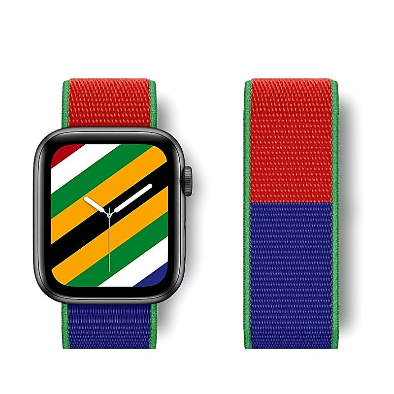Nylon watch band attached to a smartwatch, with a separate band section shown next to it.