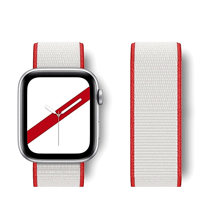 White nylon watch band with red borders attached to a smartwatch, alongside a separate detached band strip.
