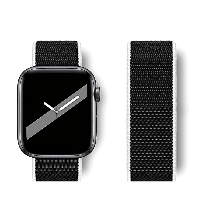 Black woven nylon watch band with white borders attached to a smartwatch, beside an unattached strap