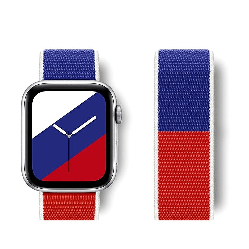 Blue and red nylon watch band shown attached to a smartwatch and separately.