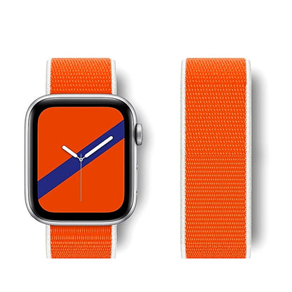 Bright orange woven nylon watch band with white borders attached to a smartwatch.