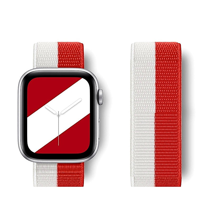 Smartwatch with red and white striped nylon band and matching watch face