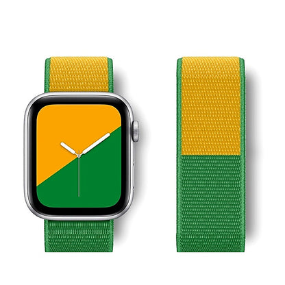 Green and yellow woven nylon watch band attached to a smartwatch, with a separate view of the band.