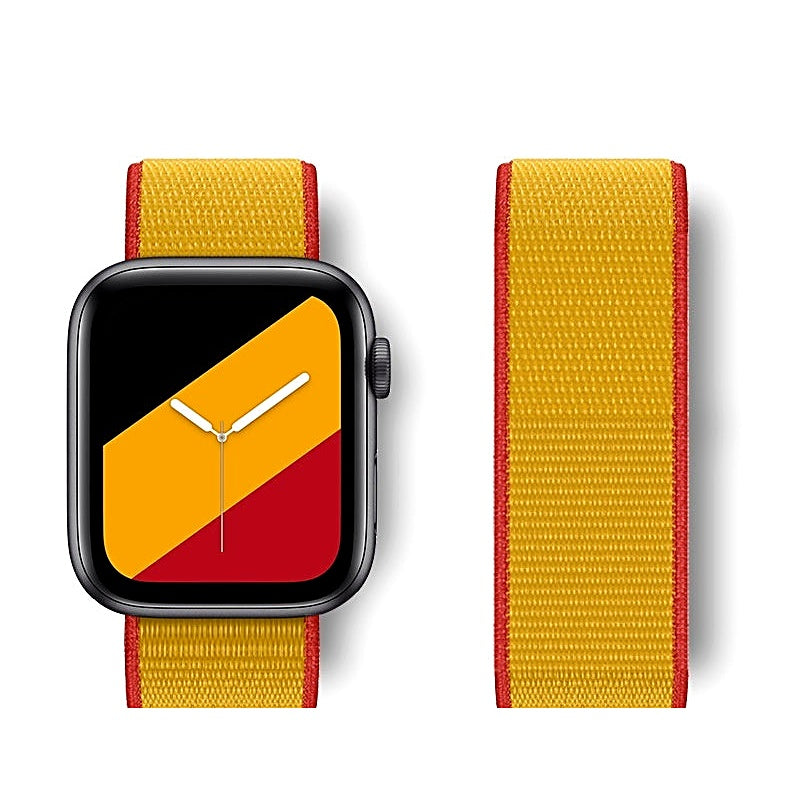 Yellow and red woven nylon watch band attached to a smartwatch with a matching yellow and red watch face.