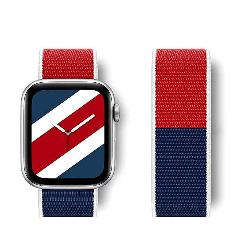 Nylon watch band with red and navy blue sections attached to a silver smartwatch.