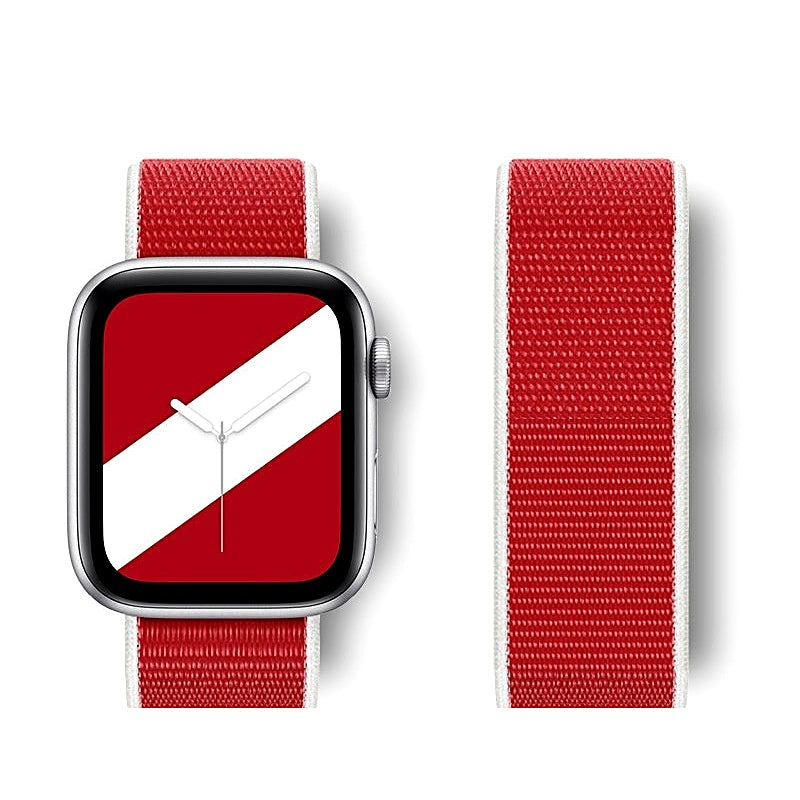 Red and white woven nylon watch band attached to a smartwatch with a matching red and white diagonal flag watch face.