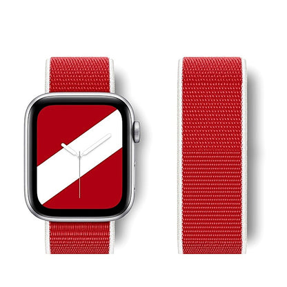 Red and white woven nylon watch band attached to a smartwatch with a matching red and white diagonal flag watch face.