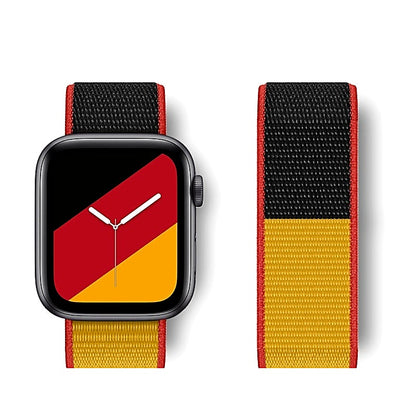 Black and yellow nylon watch band with red trim attached to a smartwatch alongside a flat view.