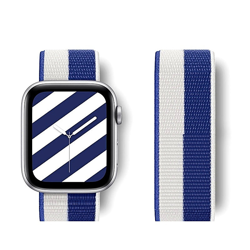 Blue and white striped nylon watch band attached to a smartwatch, with a separate strap section shown beside it.