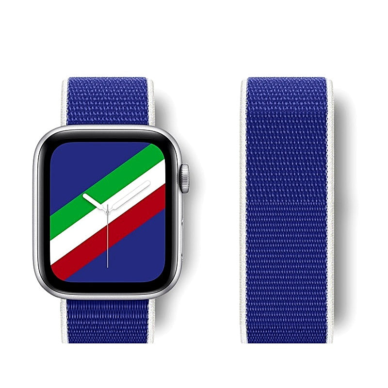 Blue woven nylon watch band with white borders, attached to a silver smartwatch showing a flag watch face.