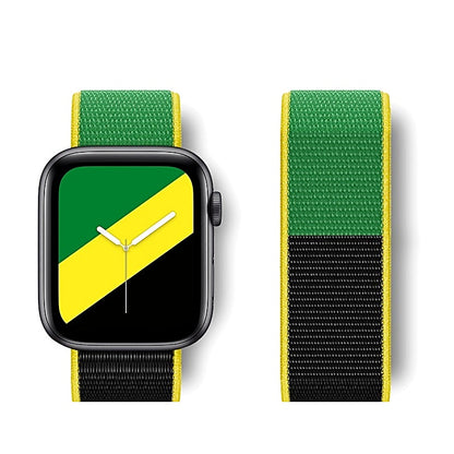 Green and black nylon watch band with yellow trim shown attached to a smartwatch and separately.
