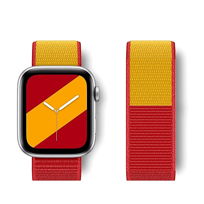 Red and yellow nylon watch band attached to a smartwatch with matching face