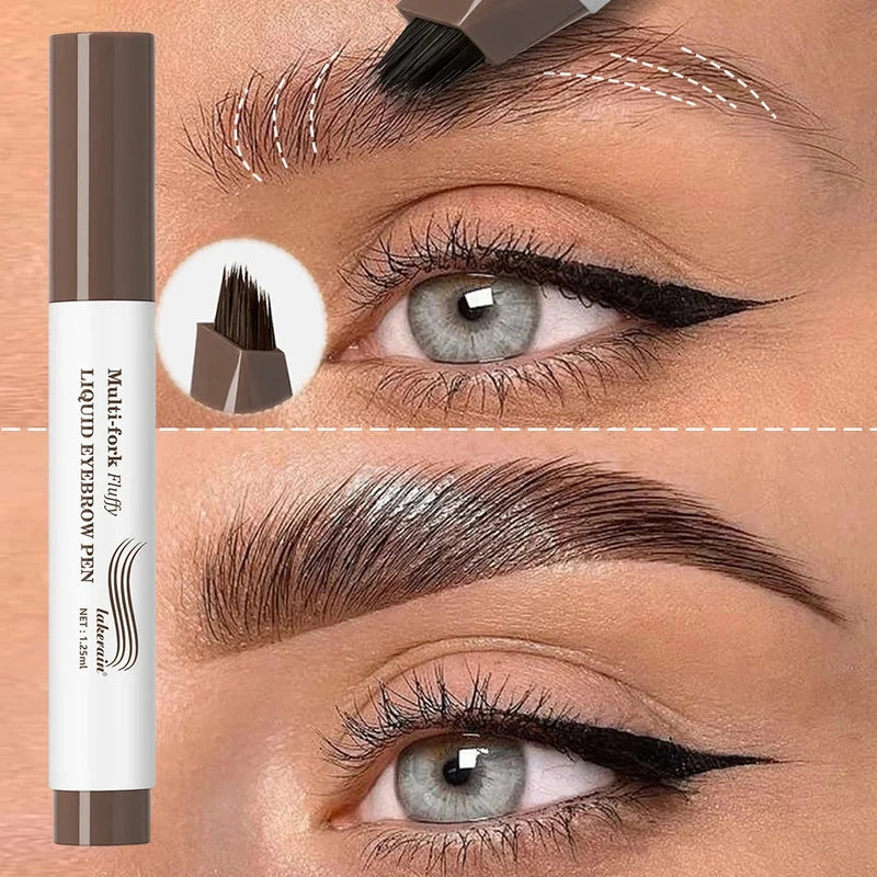 liquid eyebrow pen with micro-fork tip being applied to draw fine hair strokes on an eyebrow
